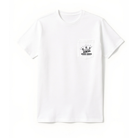 White t-shirt with a black crown with speed-kings motorcycle supply logo on a white background. Shop tee with pocket. 