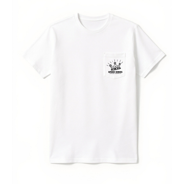 White t-shirt with a black crown with speed-kings motorcycle supply logo on a white background. Shop tee with pocket. 