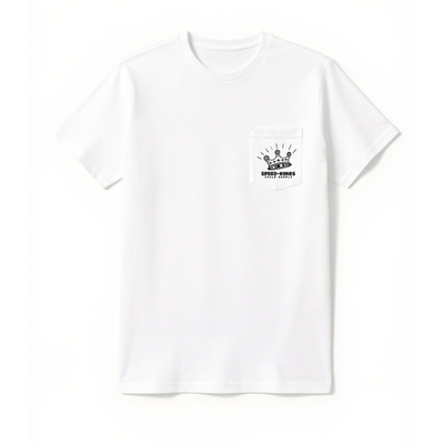 White t-shirt with a black crown with speed-kings motorcycle supply logo on a white background. Shop tee with pocket. 