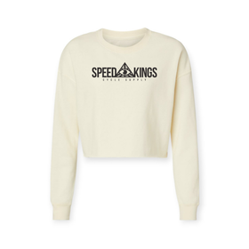 Off-white (Bone color) Womens moto cropped sweatshirt with 'Speed Kings' logo on a white background