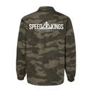 Camouflage coaches jacket with 'Speed Kings' logo on the back against a white background