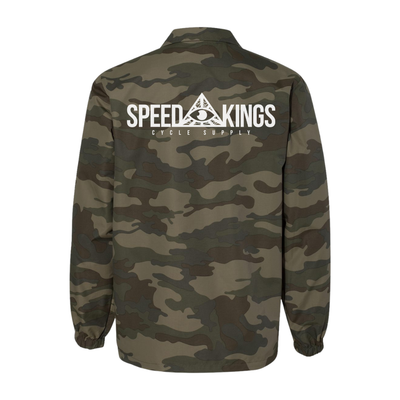 Camouflage coaches jacket with 'Speed Kings' logo on the back against a white background