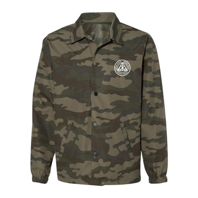 Waterproof Coaches Camouflage jacket with SKC Circle logo on a white background