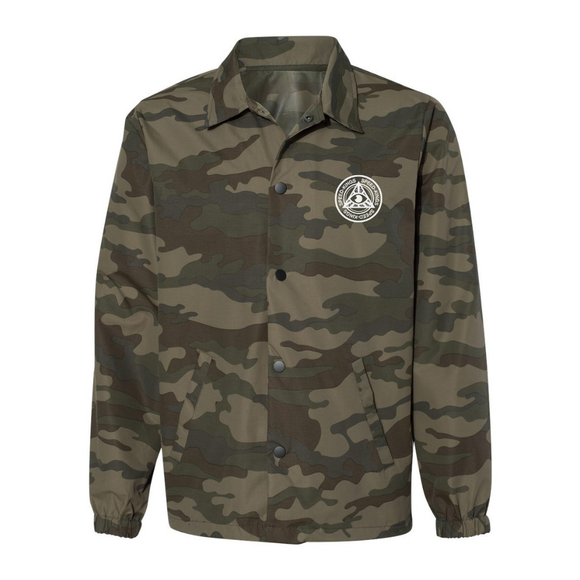Waterproof Coaches Camouflage jacket with SKC Circle logo on a white background