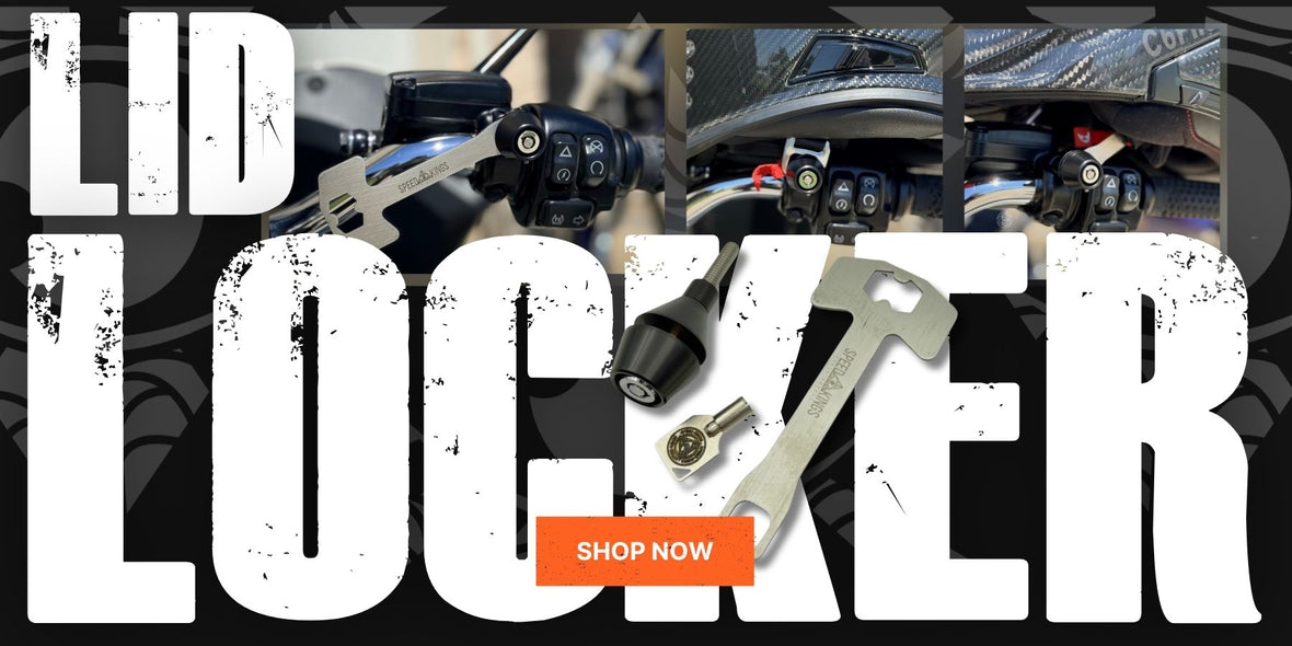 Promotional graphic for a motorcycle helmet lock, featuring large distressed white text reading 'LID LOCKER' over a collage of lock components and a key. An orange 'SHOP NOW' button is centered near the bottom.