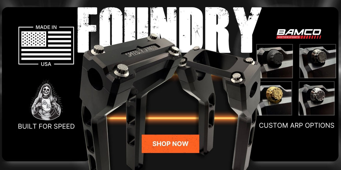 Black Motorcycle Handlebar Riser with 'Foundry' branding and 'BAMCO' logo on a black background.