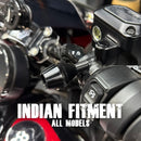 Close-up of a motorcycle handlebar with a black Speed-Kings Lid Locker Helmet Lock attached on the throttle perch clamp. The image includes large overlaid text reading 'INDIAN FITMENT' and 'ALL MODELS'.