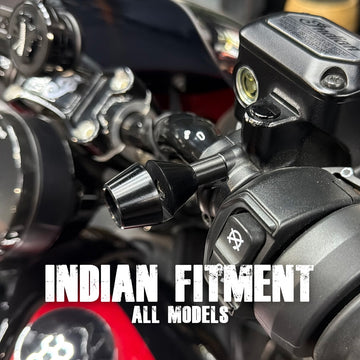 Close-up of a motorcycle handlebar with a black Speed-Kings Lid Locker Helmet Lock attached on the throttle perch clamp. The image includes large overlaid text reading 'INDIAN FITMENT' and 'ALL MODELS'.
