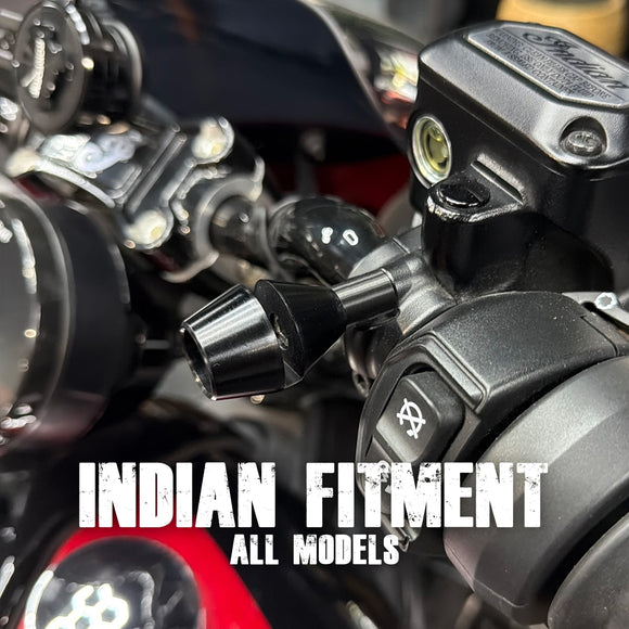 Close-up of a motorcycle handlebar with a black Speed-Kings Lid Locker Helmet Lock attached on the throttle perch clamp. The image includes large overlaid text reading 'INDIAN FITMENT' and 'ALL MODELS'.