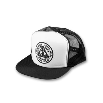 WHITE PANEL FLAT BILL TRUCKER HAT