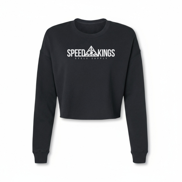 Black cropped sweatshirt with 'Speed Kings' logo on a white background