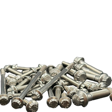 Pile of ARP stainless steel bolts for Harley-Davidson by Bamco, assorted flanged-head sizes on white background