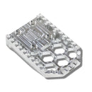 CNC silver aluminum motorcycle footpeg with hex honeycomb cutouts and serrated grip