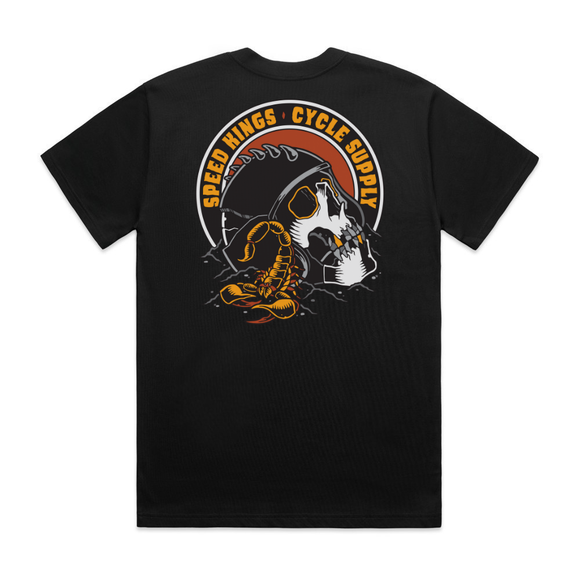 Black t-shirt with a graphic design on the back featuring a scorpion and skull, with 'Speed Kings Cycle Supply' text.