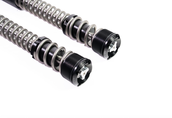 Two RWD V-Twin motorcycle fork springs with black caps and silver adjustment knobs, set against a white background.