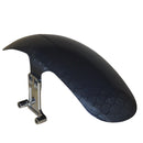 Shorty carbon fiber motorcycle front fender with hexagonal pattern and chrome bracket