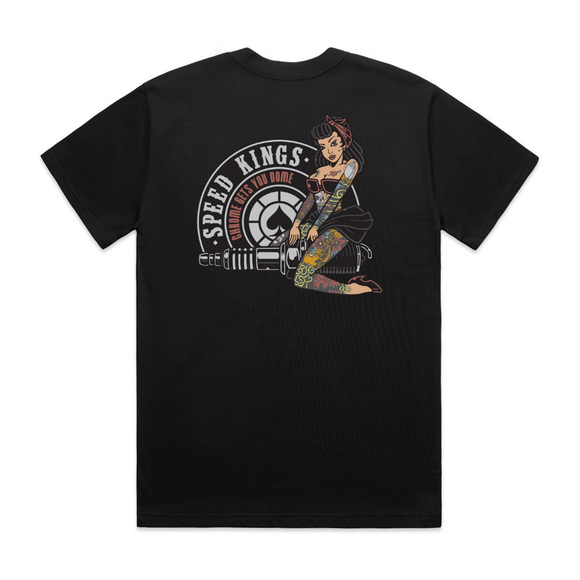 Black t-shirt with a graphic design of a woman sitting on a spark plug, featuring the text 'Speed King's' and 'Chrome Gets You Dome'