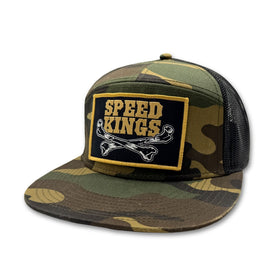 Camouflage trucker hat with 'Speed Kings' patch on a white background