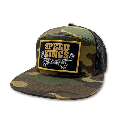 Camouflage trucker hat with 'Speed Kings' patch on a white background