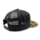 Black mesh cap with camouflage bill on a white background