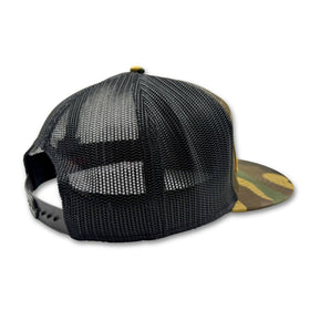 Black mesh cap with camouflage bill on a white background
