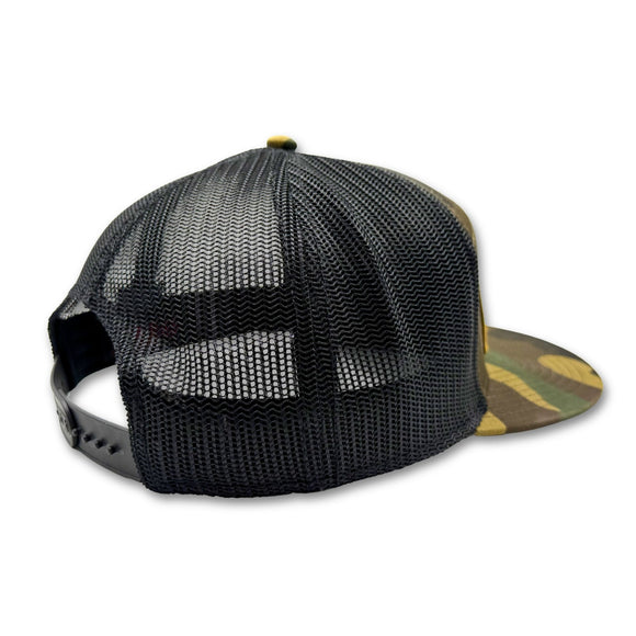Black mesh cap with camouflage bill on a white background