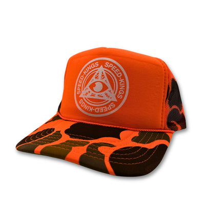 Orange and black cap with a logo on a white background