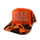 Orange and black cap with 'SPEED KINGS' text on a white background