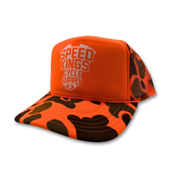 Orange and black camouflage cap with 'Speed Kings Cycle Supply' logo on a white background