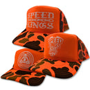 Orange and black camouflage cap with 'Speed Kings' branding on a white background