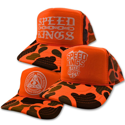 Orange and black camouflage cap with 'Speed Kings' branding on a white background