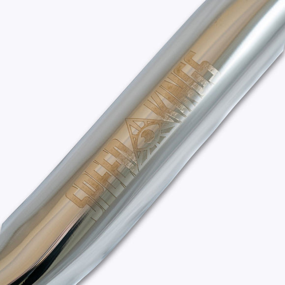 Close-up of a chrome mid bend handlebar with 'Speed Kings' branding on a white background
