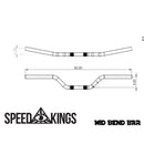 Technical drawing of a mid-bend bar with measurements and 'Speed Kings' branding.