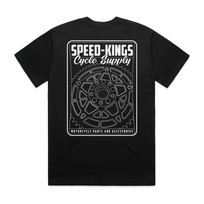 Black t-shirt with white graphic and text on a white background