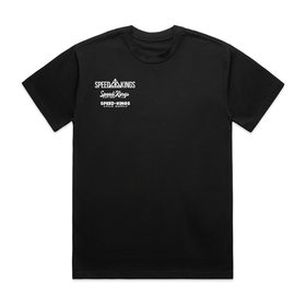 Stacked Speed-Kings Cycle Supply Logos on a Black T-Shirt