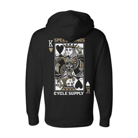 Black hoodie with a King of Hearts card design and 'Speed Kings Cycle Supply' text on the back, on a white background.