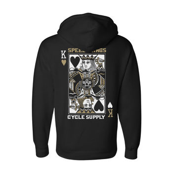 Black hoodie with a King of Hearts card design and 'Speed Kings Cycle Supply' text on the back, on a white background.