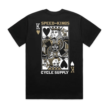 Black t-shirt with a King of Hearts design and 'Speed-Kings Cycle Supply' text on the back.