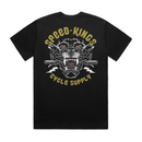 Black t-shirt with an American traditional tattoo graphic design of a tiger head and 'Speed Kings Cycle Supply' text on a white background