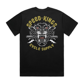 Black t-shirt with an American traditional tattoo graphic design of a tiger head and 'Speed Kings Cycle Supply' text on a white background