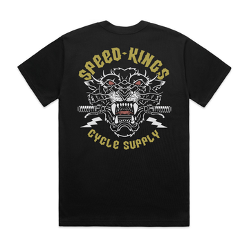 Black t-shirt with an American traditional tattoo graphic design of a tiger head and 'Speed Kings Cycle Supply' text on a white background