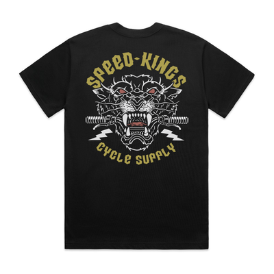 Black t-shirt with an American traditional tattoo graphic design of a tiger head and 'Speed Kings Cycle Supply' text on a white background