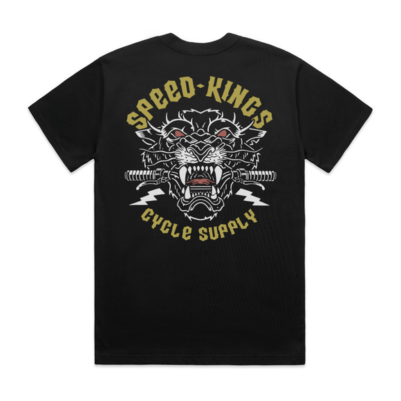 Black t-shirt with an American traditional tattoo graphic design of a tiger head and 'Speed Kings Cycle Supply' text on a white background