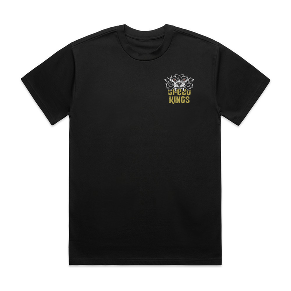 Black t-shirt with 'Speed Kings' logo on a white background