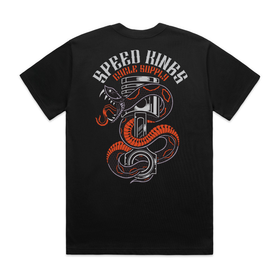 Black t-shirt with Viper around a motorcycle piston snake design and 'Speed Kings Cycle Supply' text on a white background