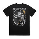 Black t-shirt withvulture on a skull wearing a motorcycle helmet and 'Speed Kings' text on a white background