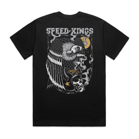 Black t-shirt withvulture on a skull wearing a motorcycle helmet and 'Speed Kings' text on a white background