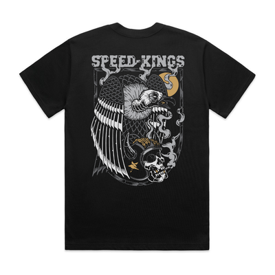 Black t-shirt withvulture on a skull wearing a motorcycle helmet and 'Speed Kings' text on a white background