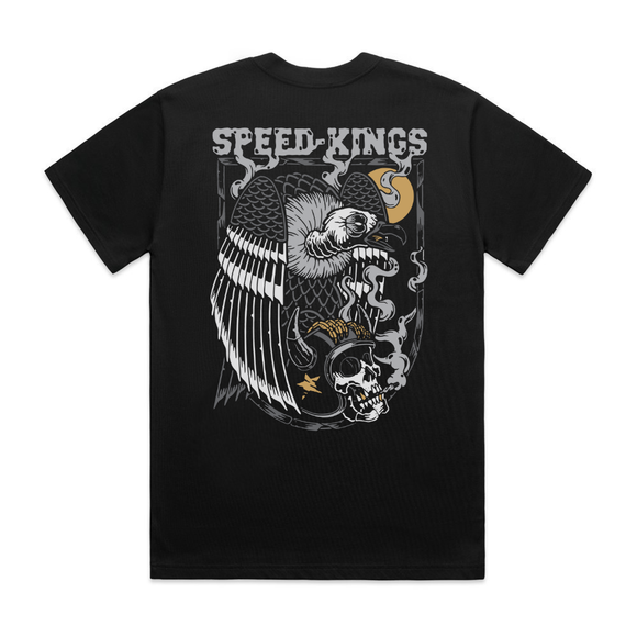 Black t-shirt withvulture on a skull wearing a motorcycle helmet and 'Speed Kings' text on a white background