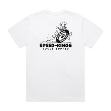 White t-shirt with 'Speed-Kings Cycle Supply' logo with a running tire retro design on a white background